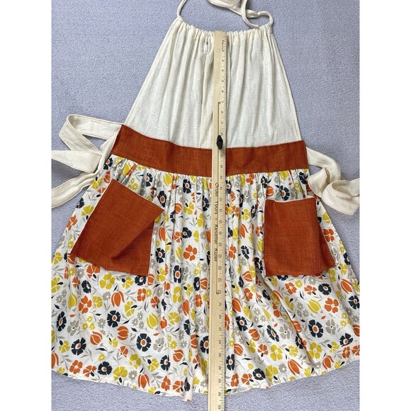 Full Apron Burnt Orange Burlap Pockets Floral Print Halter Smock Retro Inspired - Picture 6 of 15